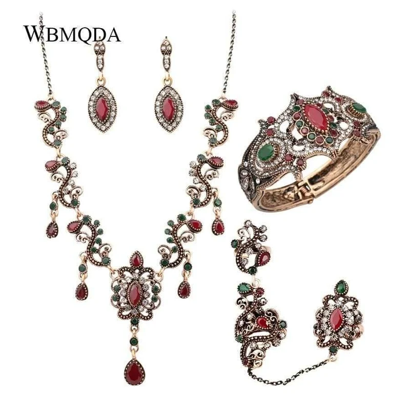 Schmucksets Vintage Red Halskette Armband Ohrringe Ring Set Indian Crystal Antique Gold Hochzeit Schmuck
