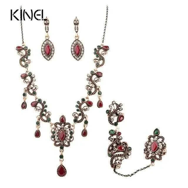 Schmucksets Vintage Red Halskette Armband Ohrringe Ring Set Indian Crystal Antique Gold Hochzeit Schmuck