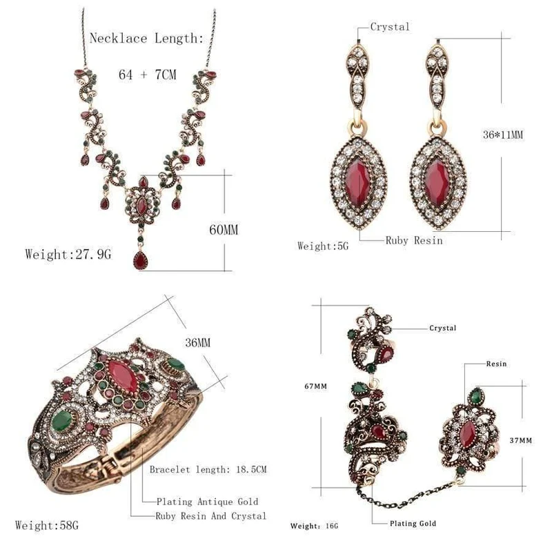 Schmucksets Vintage Red Halskette Armband Ohrringe Ring Set Indian Crystal Antique Gold Hochzeit Schmuck