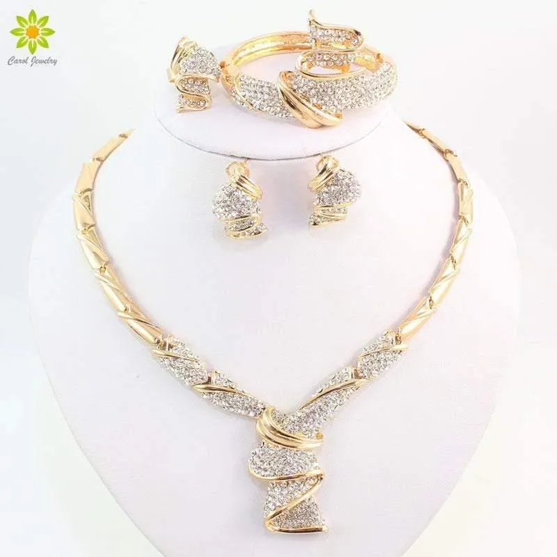 Goldfarbe Legierung Strass Hochzeit Schmuck Sets Halskette Armband Ring Ohrringe Für Frauen Braut