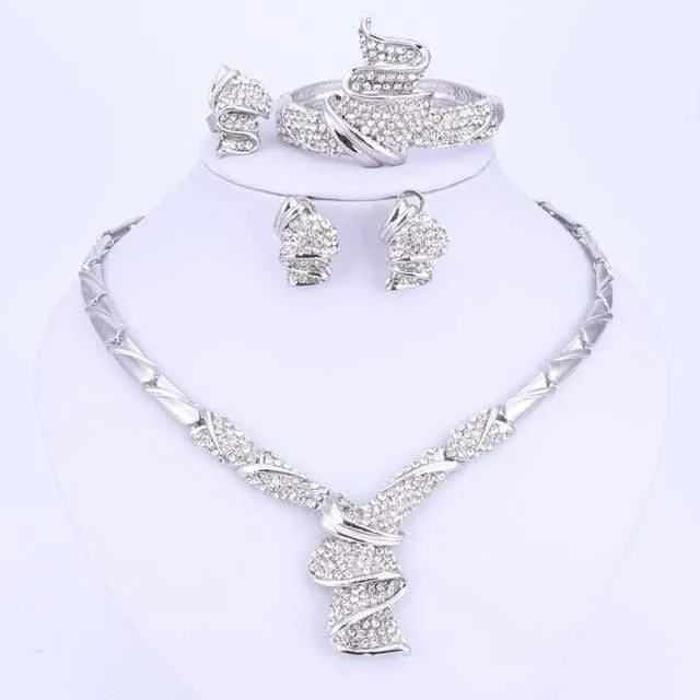 Goldfarbe Legierung Strass Hochzeit Schmuck Sets Halskette Armband Ring Ohrringe Für Frauen Braut