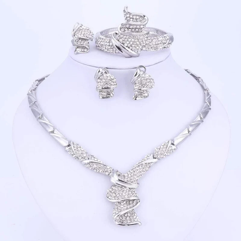 Goldfarbe Legierung Strass Hochzeit Schmuck Sets Halskette Armband Ring Ohrringe Für Frauen Braut