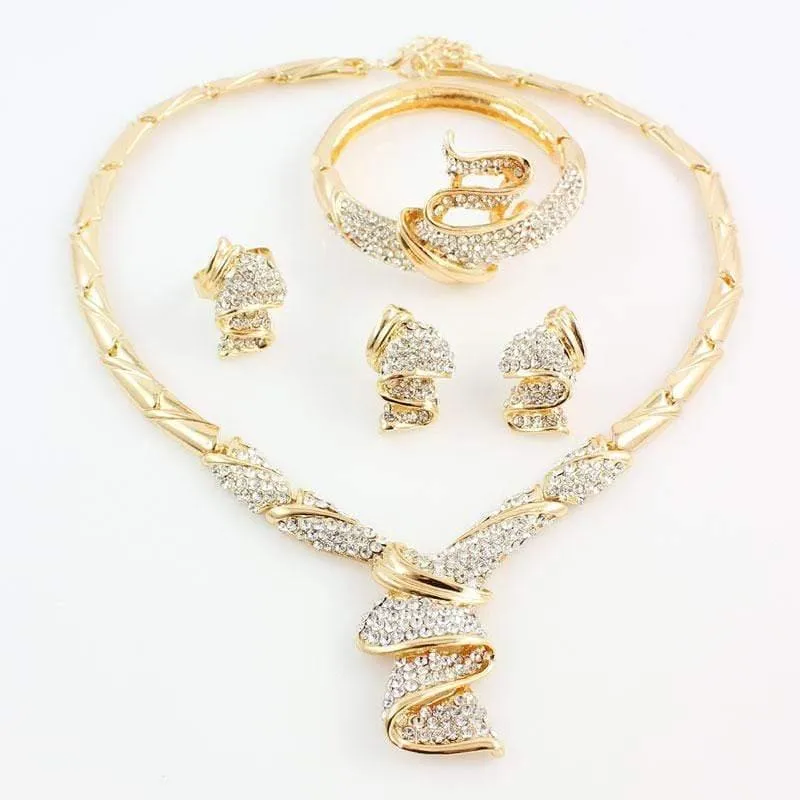 Goldfarbe Legierung Strass Hochzeit Schmuck Sets Halskette Armband Ring Ohrringe Für Frauen Braut