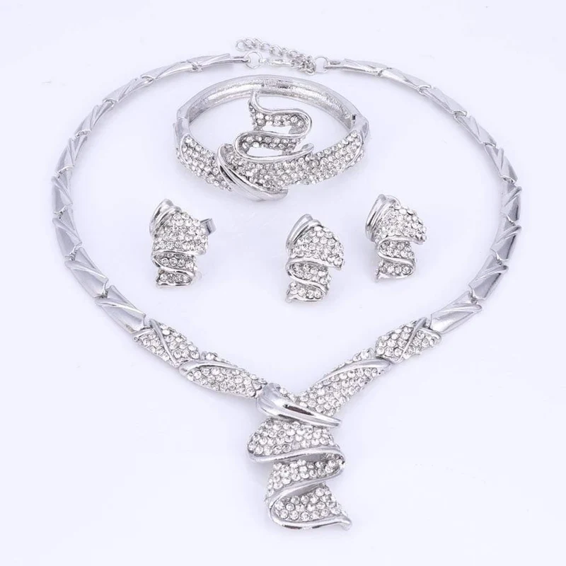 Goldfarbe Legierung Strass Hochzeit Schmuck Sets Halskette Armband Ring Ohrringe Für Frauen Braut