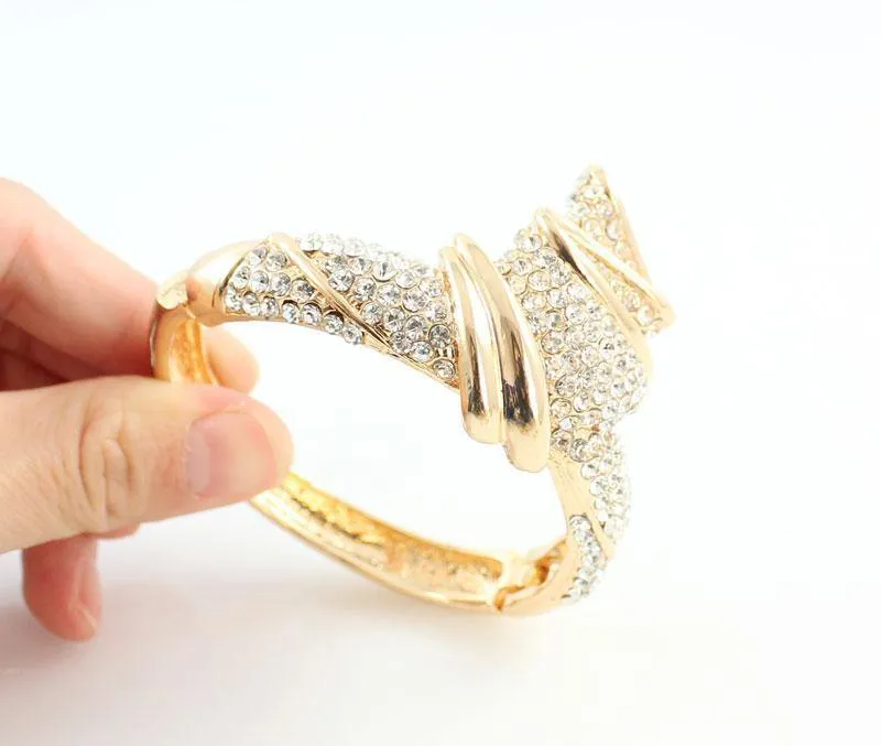 Goldfarbe Legierung Strass Hochzeit Schmuck Sets Halskette Armband Ring Ohrringe Für Frauen Braut