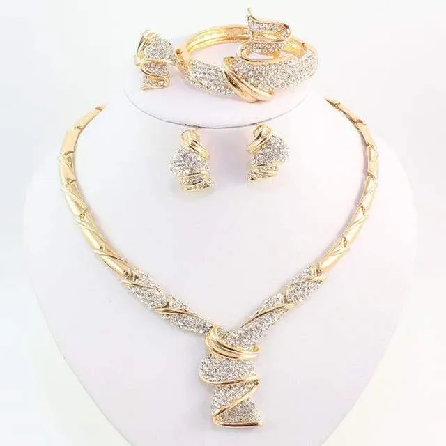 Goldfarbe Legierung Strass Hochzeit Schmuck Sets Halskette Armband Ring Ohrringe Für Frauen Braut