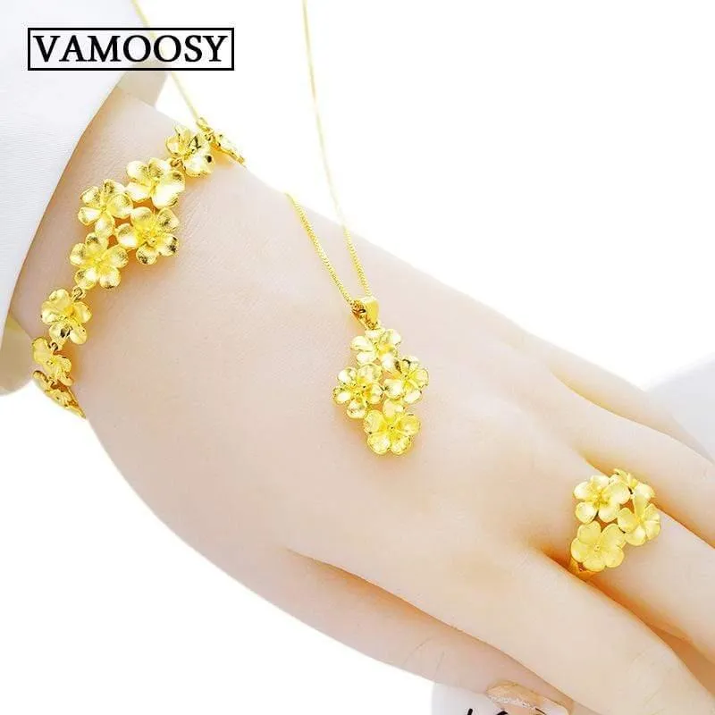 Schmuckset, 100 % 24 Karat Gold, Pflaumenblüten-Design, offene Ringe, Halsketten, Armbänder für Damen, Dubai-Schmucksets