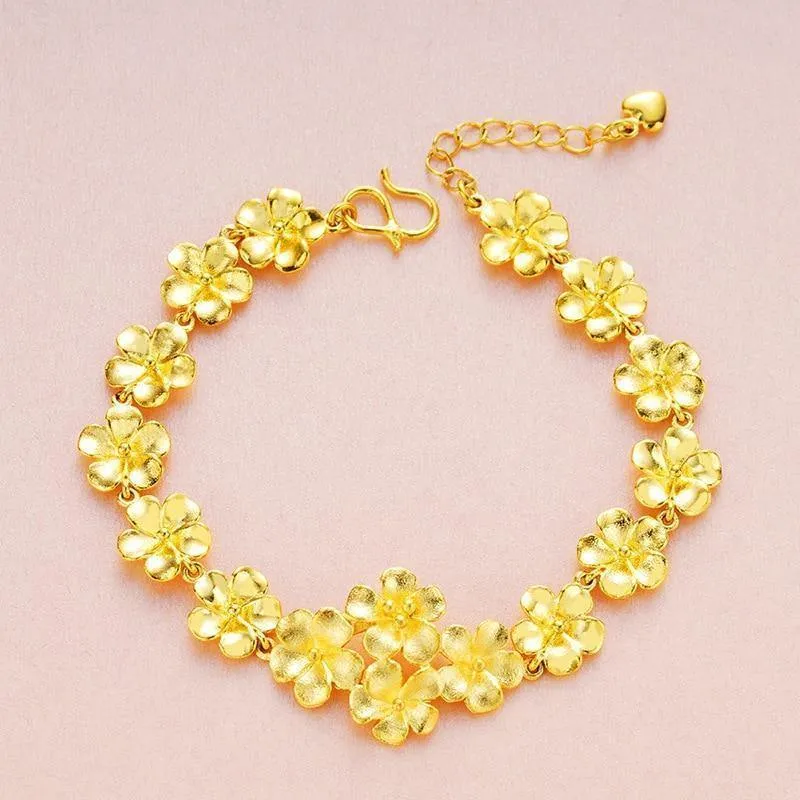 Schmuckset, 100 % 24 Karat Gold, Pflaumenblüten-Design, offene Ringe, Halsketten, Armbänder für Damen, Dubai-Schmucksets