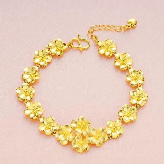 Schmuckset, 100 % 24 Karat Gold, Pflaumenblüten-Design, offene Ringe, Halsketten, Armbänder für Damen, Dubai-Schmucksets