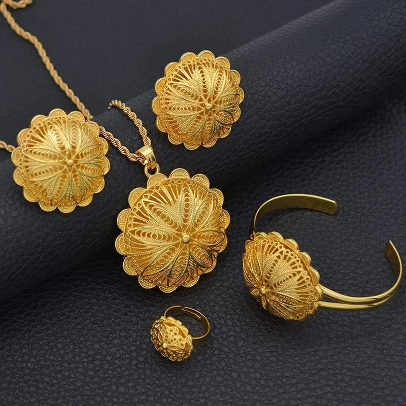 Schmucksets, Anhänger, Halsketten, Ohrringe, Ringe, Armreifen für Damen, goldfarben, eritreische afrikanische Braut, Geschenke #207506