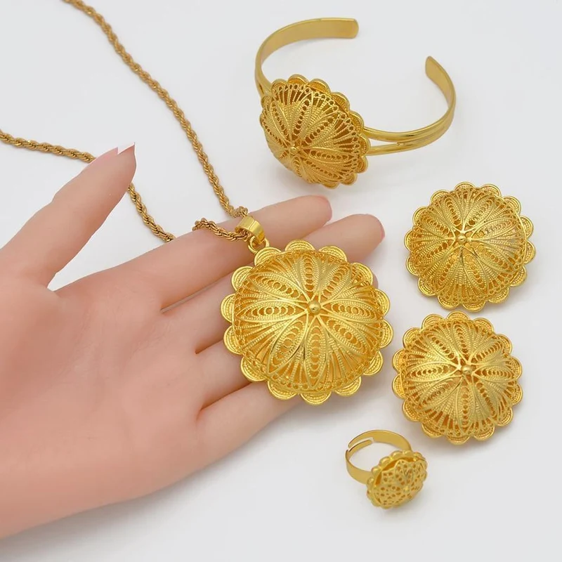 Schmucksets, Anhänger, Halsketten, Ohrringe, Ringe, Armreifen für Damen, goldfarben, eritreische afrikanische Braut, Geschenke #207506