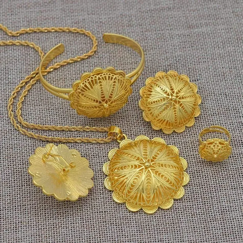Schmucksets, Anhänger, Halsketten, Ohrringe, Ringe, Armreifen für Damen, goldfarben, eritreische afrikanische Braut, Geschenke #207506