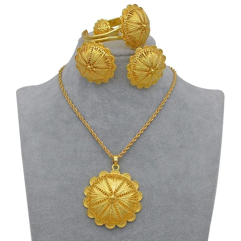 Schmucksets, Anhänger, Halsketten, Ohrringe, Ringe, Armreifen für Damen, goldfarben, eritreische afrikanische Braut, Geschenke #207506