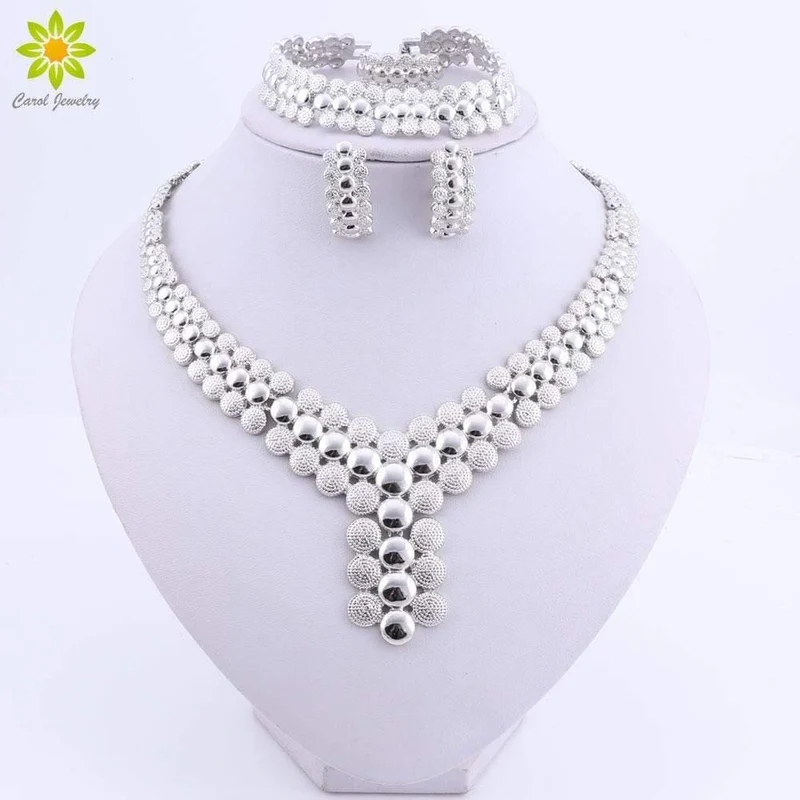Hochzeit Afrikanische Perlen Schmuckset Frauen Afrikanisches Modeschmuckset Dubai Versilberte Halsketten-Sets