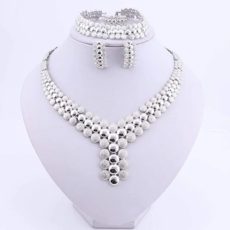 Hochzeit Afrikanische Perlen Schmuckset Frauen Afrikanisches Modeschmuckset Dubai Versilberte Halsketten-Sets