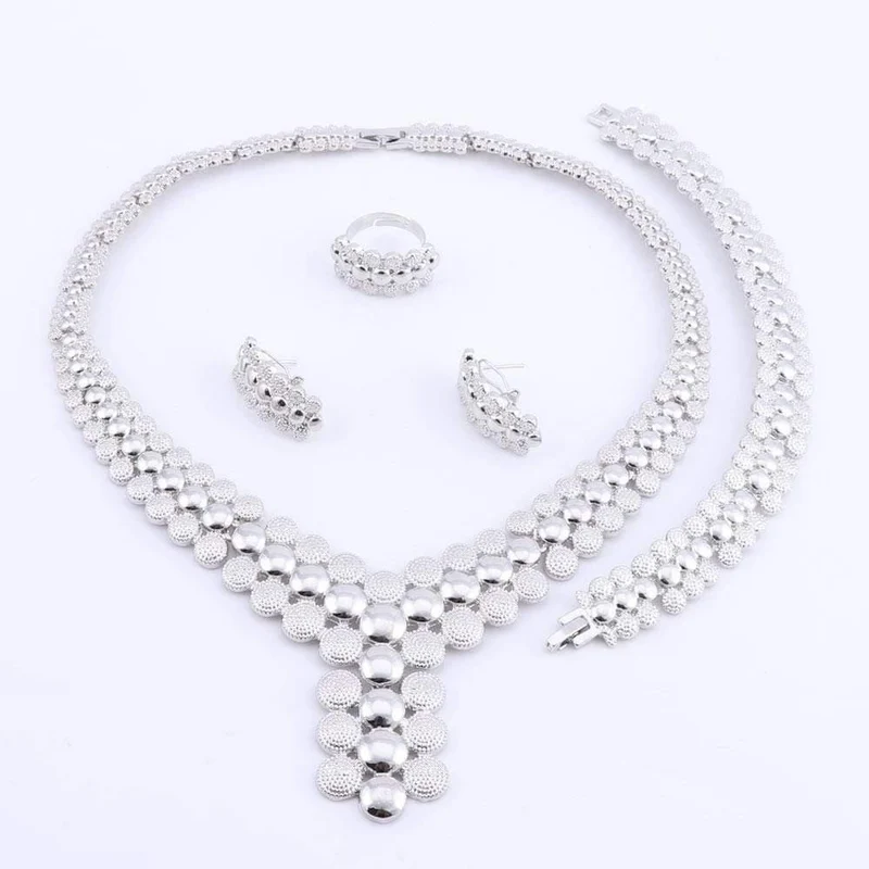 Hochzeit Afrikanische Perlen Schmuckset Frauen Afrikanisches Modeschmuckset Dubai Versilberte Halsketten-Sets