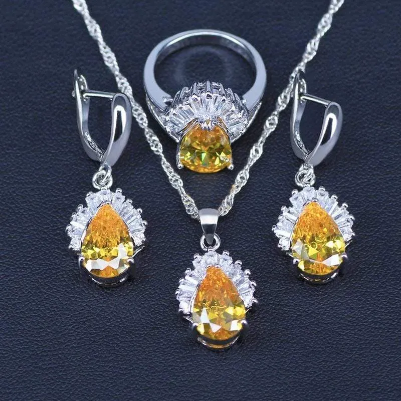 Schmucksets Wassertropfen Zirkonia CZ Stein 925 Sterling Silber Halskette Ohrringe Halsketten Fingerringe