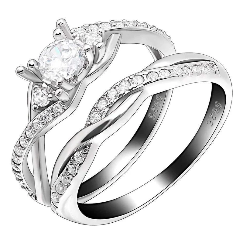 925 Sterling Silber Weiß Klar Zirkon Wicklung Finger Ring Set Für Frauen Hochzeit Jahrestag Ring Liebe Versprechen Ring