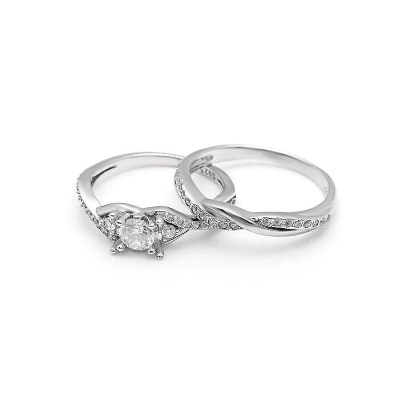 925 Sterling Silber Weiß Klar Zirkon Wicklung Finger Ring Set Für Frauen Hochzeit Jahrestag Ring Liebe Versprechen Ring