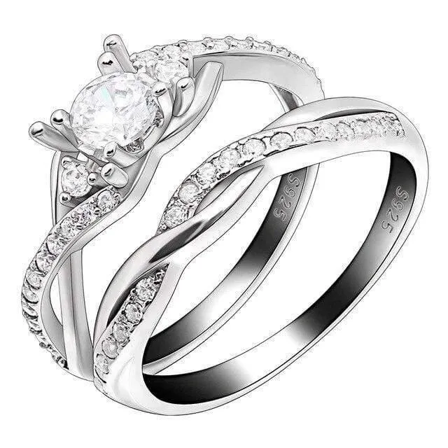 925 Sterling Silber Weiß Klar Zirkon Wicklung Finger Ring Set Für Frauen Hochzeit Jahrestag Ring Liebe Versprechen Ring