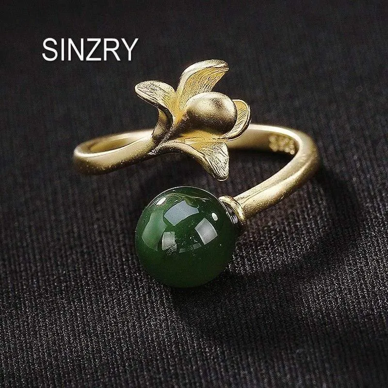 925 Sterling Silber handgemachte Hetian Jade Blumenring kreative offene Ende 18KGP Silber Ringe Dame trendigen Schmuck