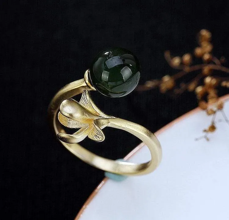 925 Sterling Silber handgemachte Hetian Jade Blumenring kreative offene Ende 18KGP Silber Ringe Dame trendigen Schmuck