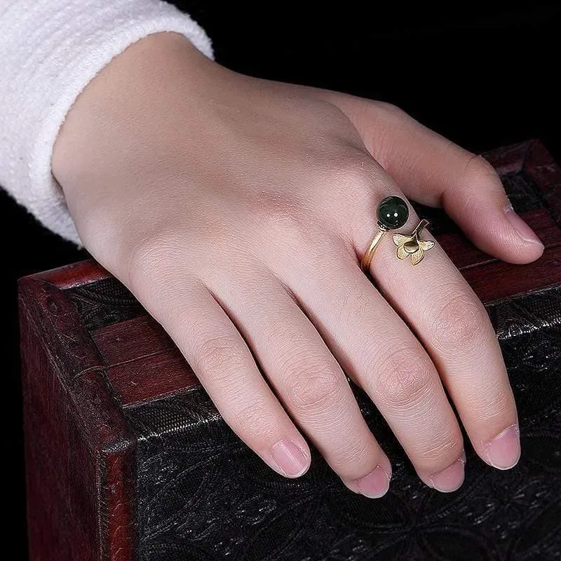 925 Sterling Silber handgemachte Hetian Jade Blumenring kreative offene Ende 18KGP Silber Ringe Dame trendigen Schmuck