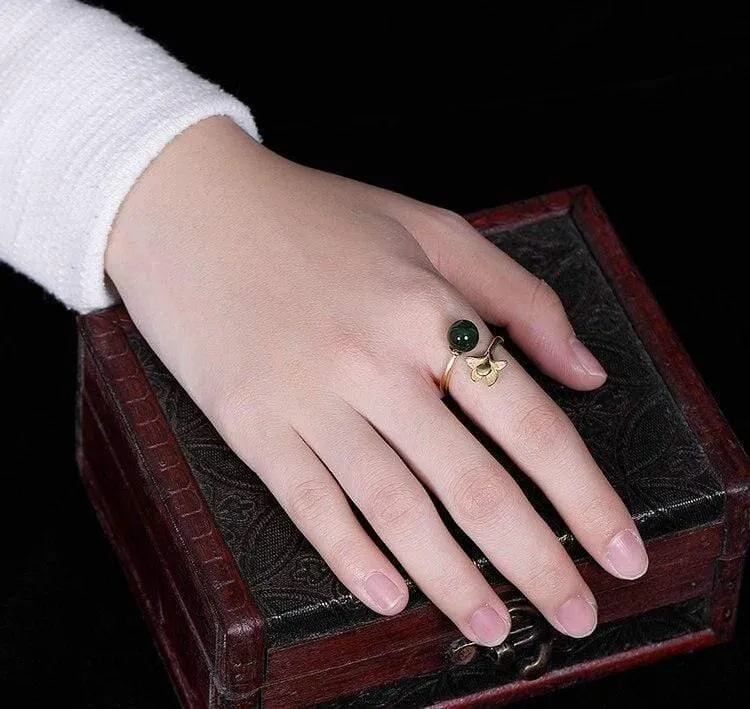 925 Sterling Silber handgemachte Hetian Jade Blumenring kreative offene Ende 18KGP Silber Ringe Dame trendigen Schmuck