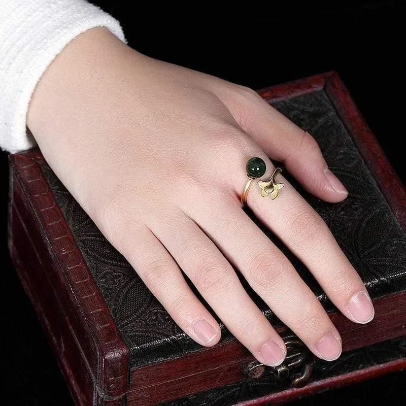 925 Sterling Silber handgemachte Hetian Jade Blumenring kreative offene Ende 18KGP Silber Ringe Dame trendigen Schmuck