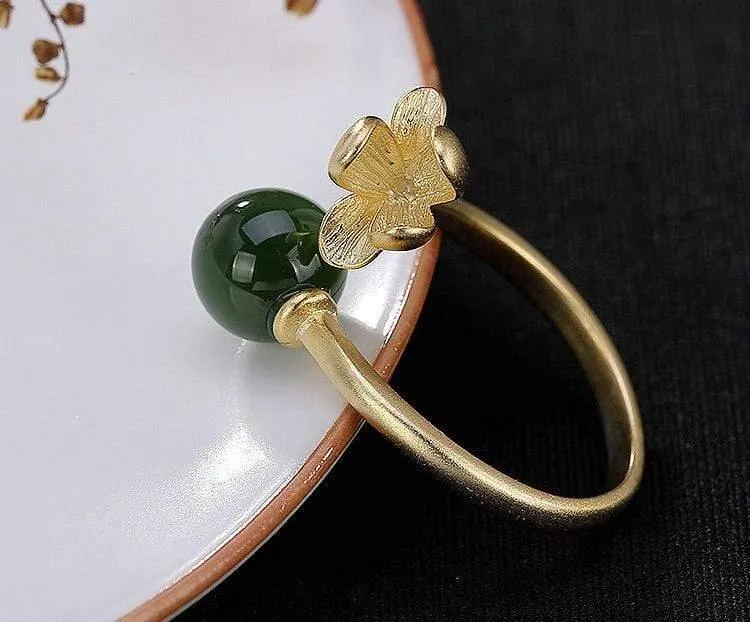 925 Sterling Silber handgemachte Hetian Jade Blumenring kreative offene Ende 18KGP Silber Ringe Dame trendigen Schmuck
