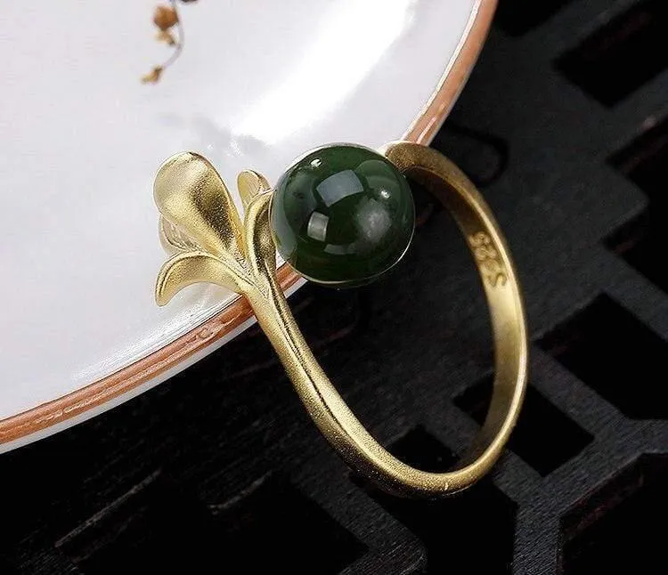 925 Sterling Silber handgemachte Hetian Jade Blumenring kreative offene Ende 18KGP Silber Ringe Dame trendigen Schmuck