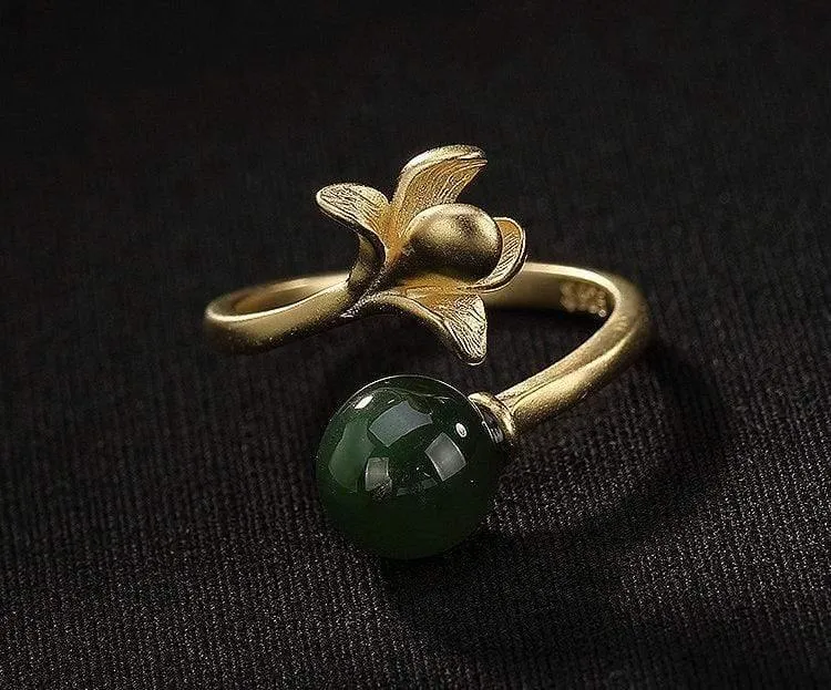 925 Sterling Silber handgemachte Hetian Jade Blumenring kreative offene Ende 18KGP Silber Ringe Dame trendigen Schmuck