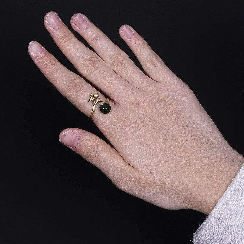 925 Sterling Silber handgemachte Hetian Jade Blumenring kreative offene Ende 18KGP Silber Ringe Dame trendigen Schmuck