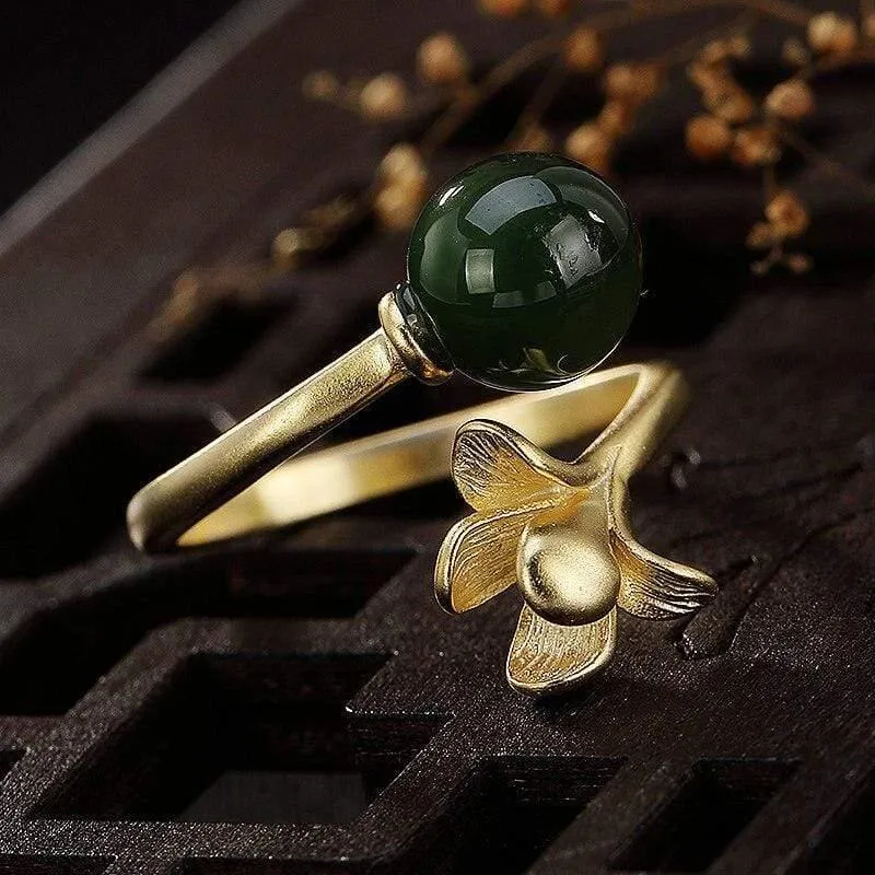 925 Sterling Silber handgemachte Hetian Jade Blumenring kreative offene Ende 18KGP Silber Ringe Dame trendigen Schmuck