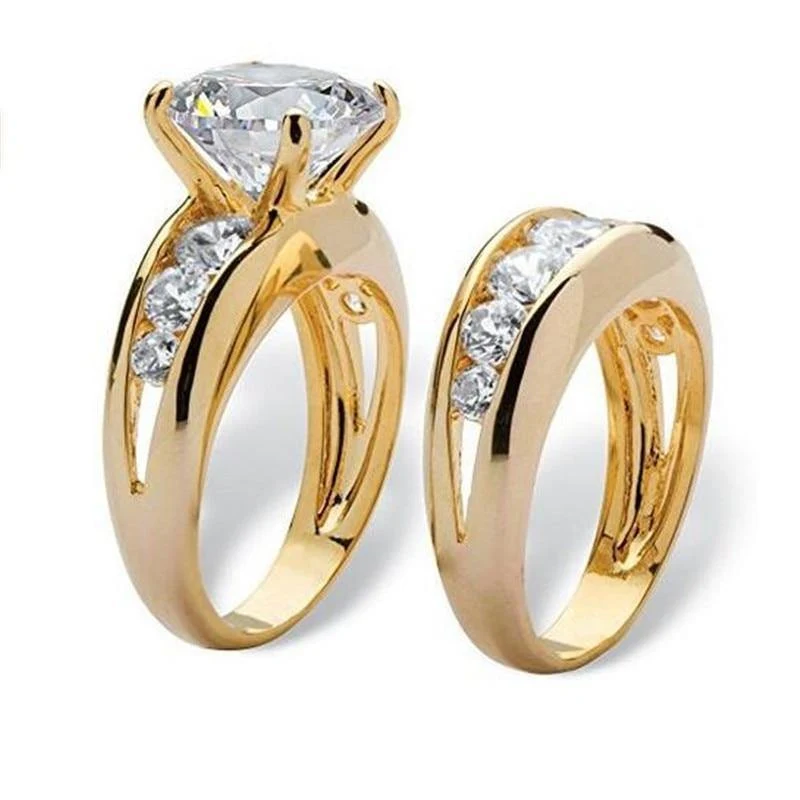 Goldfarbener Solitär-Ehering-Set aus 925er Sterlingsilber mit 5A Zirkoniasteinen, Verlobungsringe für Damen