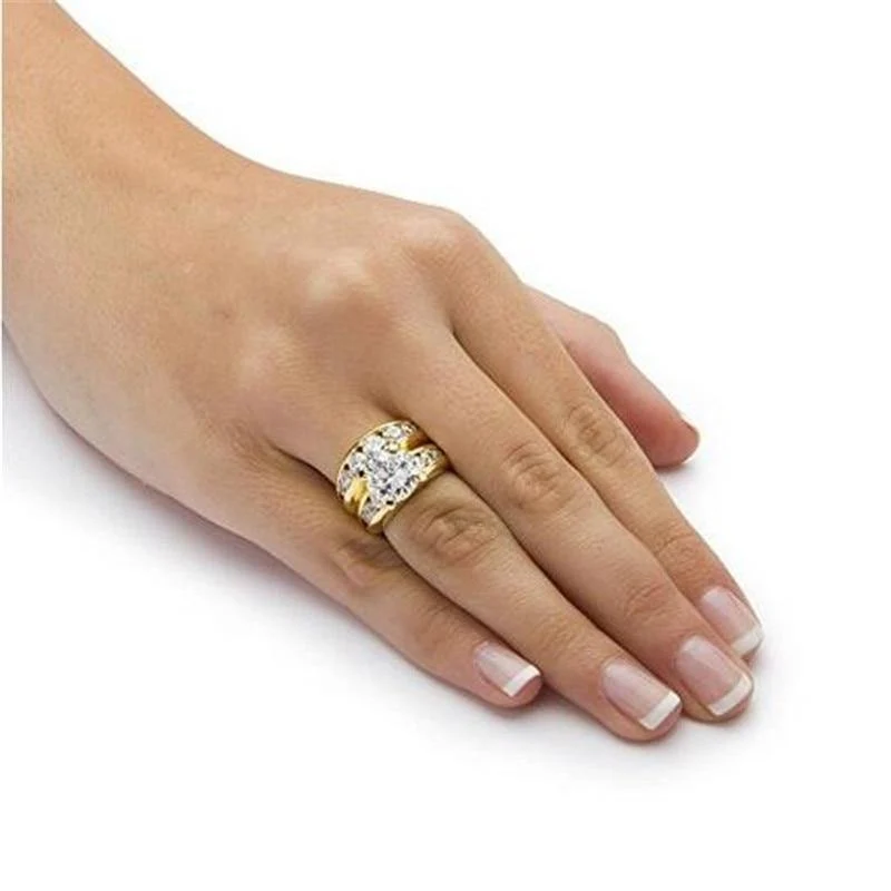 Goldfarbener Solitär-Ehering-Set aus 925er Sterlingsilber mit 5A Zirkoniasteinen, Verlobungsringe für Damen