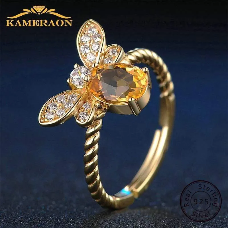 925 Sterling Silber Ring für Frauen Natürlicher Ametrin Stein Schmuck 18K vergoldete Edelsteinringe Mode kleine Biene Liebhaber Geschenk