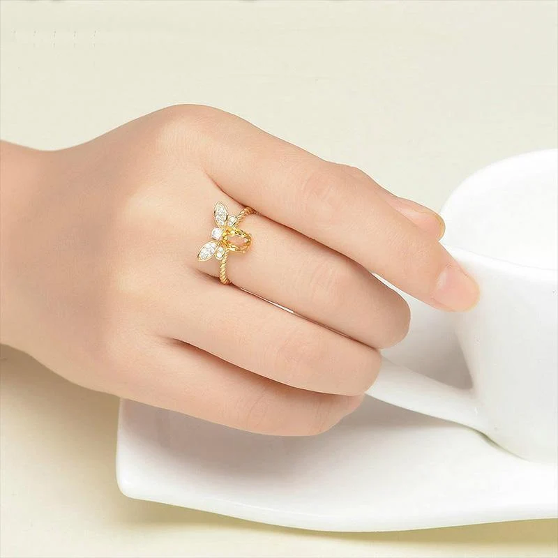 925 Sterling Silber Ring für Frauen Natürlicher Ametrin Stein Schmuck 18K vergoldete Edelsteinringe Mode kleine Biene Liebhaber Geschenk