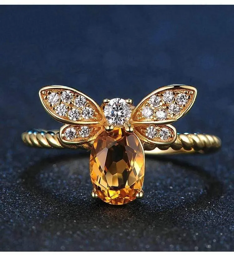 925 Sterling Silber Ring für Frauen Natürlicher Ametrin Stein Schmuck 18K vergoldete Edelsteinringe Mode kleine Biene Liebhaber Geschenk