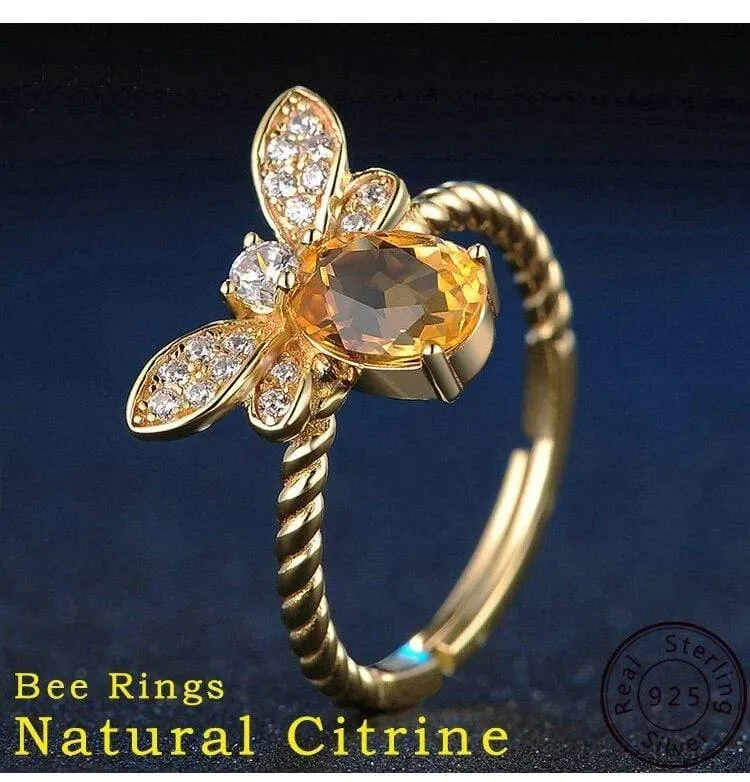 925 Sterling Silber Ring für Frauen Natürlicher Ametrin Stein Schmuck 18K vergoldete Edelsteinringe Mode kleine Biene Liebhaber Geschenk