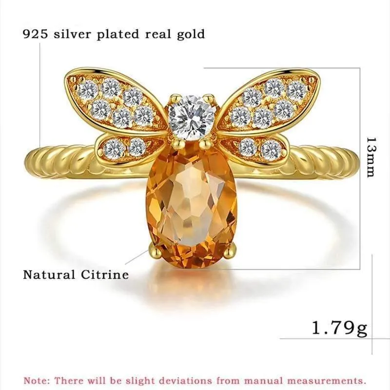 925 Sterling Silber Ring für Frauen Natürlicher Ametrin Stein Schmuck 18K vergoldete Edelsteinringe Mode kleine Biene Liebhaber Geschenk