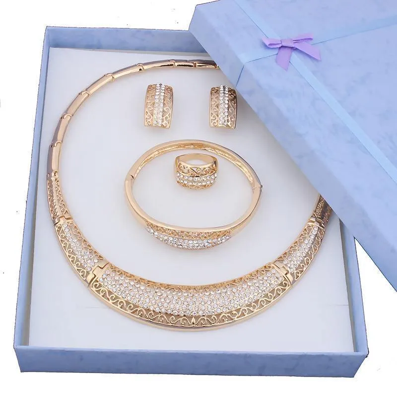 Mode Vintage Luxus Strass Braut Halskette Ohrring Armband afrikanisches Kostüm goldfarbene Schmucksets