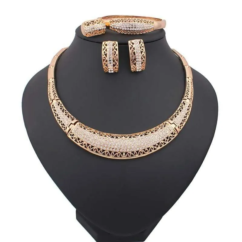 Mode Vintage Luxus Strass Braut Halskette Ohrring Armband afrikanisches Kostüm goldfarbene Schmucksets