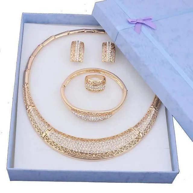 Mode Vintage Luxus Strass Braut Halskette Ohrring Armband afrikanisches Kostüm goldfarbene Schmucksets