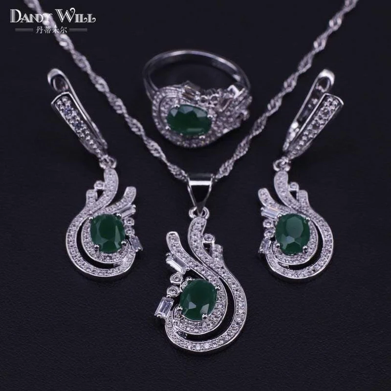 925 Schmuck-Set, Kostüm, Hochzeit, Schmuck-Sets, Olivgrün, Zirkonia, Ohrringe für Damen, Ringe, Anhänger, Halskette, Set, Geschenkbox