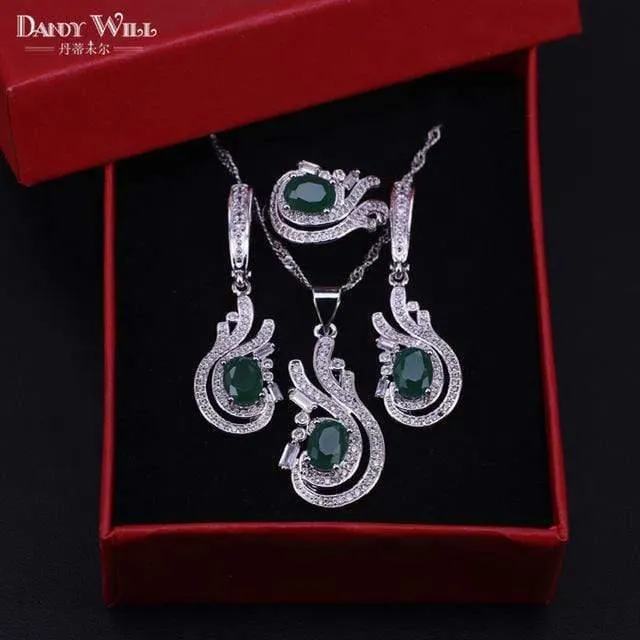 925 Schmuck-Set, Kostüm, Hochzeit, Schmuck-Sets, Olivgrün, Zirkonia, Ohrringe für Damen, Ringe, Anhänger, Halskette, Set, Geschenkbox