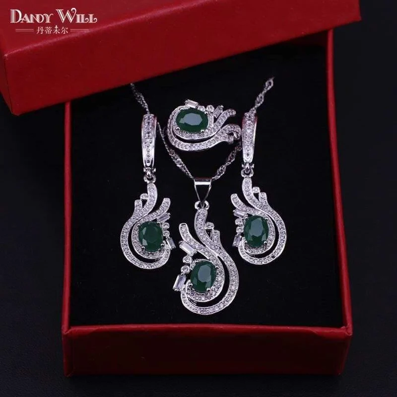 925 Schmuck-Set, Kostüm, Hochzeit, Schmuck-Sets, Olivgrün, Zirkonia, Ohrringe für Damen, Ringe, Anhänger, Halskette, Set, Geschenkbox