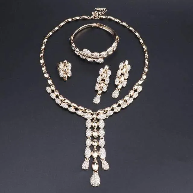 Hochzeits-Halsketten-Sets, Vintage-Strass-Halsband, Quaste und Anhänger, Halsketten, Ohrring, Ring, Armreif, Maxi-Schmuck-Sets