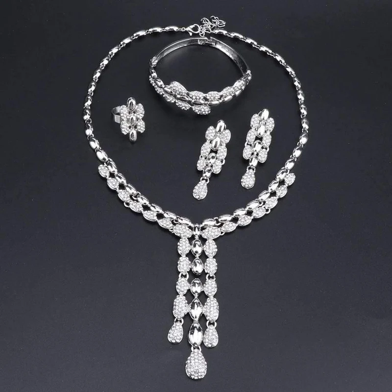 Hochzeits-Halsketten-Sets, Vintage-Strass-Halsband, Quaste und Anhänger, Halsketten, Ohrring, Ring, Armreif, Maxi-Schmuck-Sets