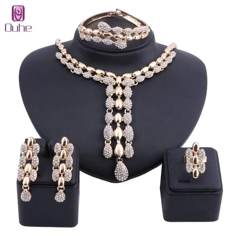 Hochzeits-Halsketten-Sets, Vintage-Strass-Halsband, Quaste und Anhänger, Halsketten, Ohrring, Ring, Armreif, Maxi-Schmuck-Sets